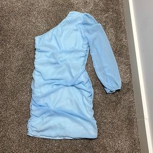 Light blue homecoming style dress. Off the shoulder and long sleeve on the other